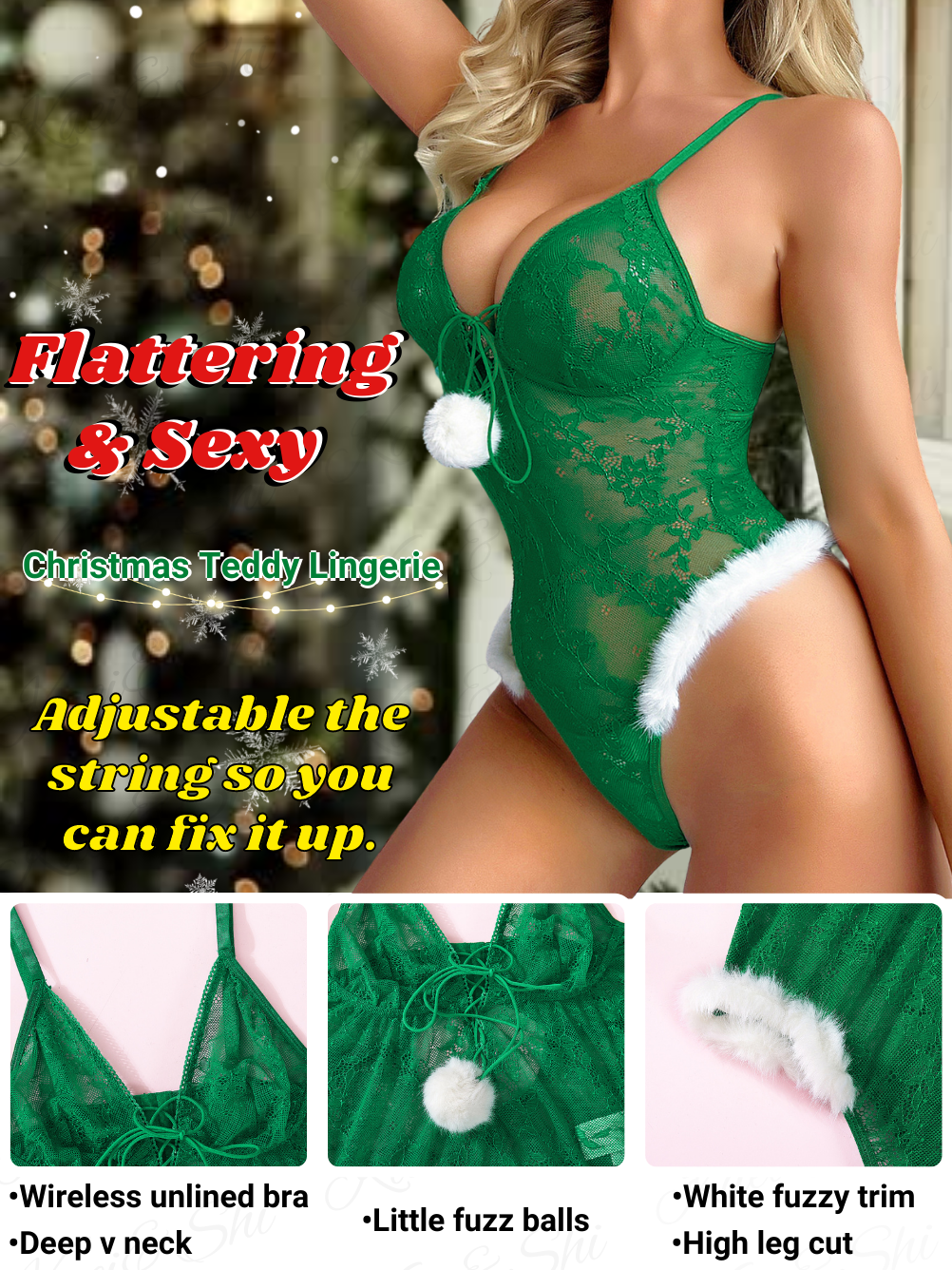 Kaei&Shi Sexy Christmas Elf, Deep V Pom Poms, Santa Lace Bodysuit Ling Kaei&Shi Sexy Christmas Elf, Deep V Pom Poms, Santa Lace Bodysuit Ling