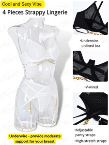 Kaei&Shi Goth Sheer Mesh, Strappy Chains, Thigh Straps, 4 Piece Garter Lingerie