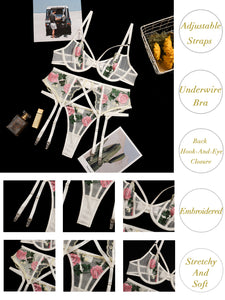 Kaei&Shi Embroidered Lingerie for Women,3 Piece Sexy Lingerie Garter Set