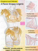 Load image into Gallery viewer, Kaei&amp;Shi Chain Feather Lingerie, Eyelash Floral Lace, Underwire, Thong, 4 Pieces
