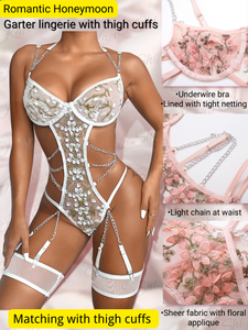 Kaei&Shi Sheer Mesh Applique, Strappy Chains, 2PC Halter Bodysuit Lingerie