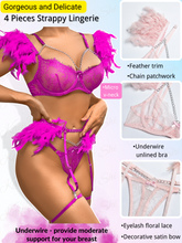 Load image into Gallery viewer, Kaei&amp;Shi Chain Feather Lingerie, Eyelash Floral Lace, Underwire, Thong, 4 Pieces
