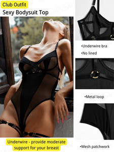 Kaei&Shi Underwire Sexy Top, Snap Crotch, Leg Straps, Backless Thong Bodysuit