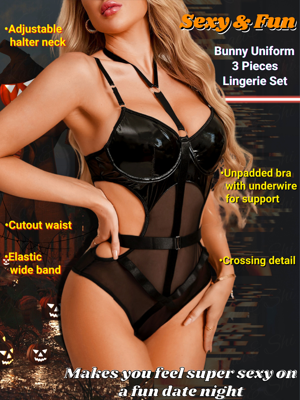 Kaei&Shi 3Pc Sexy Bunny Costume With Ear, Wet Look Cup, Collar, Strapp Kaei&Shi 3Pc Sexy Bunny Costume With Ear, Wet Look Cup, Collar, Strapp