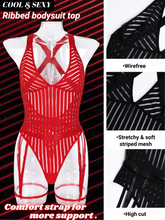 Load image into Gallery viewer, Kaei&amp;Shi Sexy Ribbed Top,Plunge V, Snap Crotch, Leg Strap, Backless 3Pc Bodysuit
