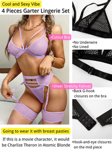 Kaei&Shi 4 Piece,Strappy Triangle Bralette,Thong,Thigh Bands,Garter Lingerie Set