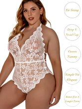 Load image into Gallery viewer, Kaei&amp;Shi Plus Size Lingerie for Women,Sheer Lace Sexy High Cut Bodysuit,One Piece V Neck Halter Backless Teddy
