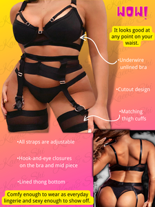 Kaei&Shi Plus Size Stretchy Mesh, Wide Strappy, High Waisted Garter Lingerie