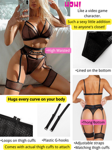 Kaei&Shi 4 Piece,Strappy Triangle Bralette,Thong,Thigh Bands,Garter Lingerie Set