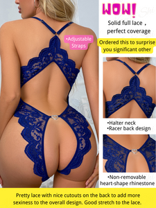 Kaei&Shi Plunge Halter, Racerback Design, Glossy Lace, Rhinestone Bodysuit