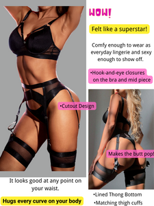 Kaei&Shi Garter Lingerie For Women,Sexy Lace Lingerie,Sheer Matching 4 Piece Lingerie Set