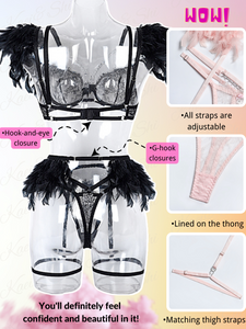 Kaei&Shi Chain Feather Lingerie, Eyelash Floral Lace, Underwire, Thong, 4 Pieces