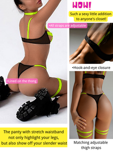 Kaei&Shi Glow In The Dark, Black Light, Neon Leg Straps, 4PC Peekaboo Lingerie