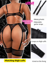 Load image into Gallery viewer, Kaei&amp;Shi Fishnet Chain Lingerie, Strappy, Underwire, Thong, Thigh Cuff, 4 Pieces
