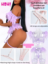 Load image into Gallery viewer, Kaei&amp;Shi Chain Feather Lingerie, Eyelash Floral Lace, Underwire, Thong, 4 Pieces
