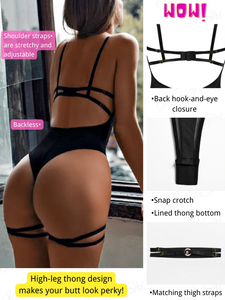 Kaei&Shi Underwire Sexy Top, Snap Crotch, Leg Straps, Backless Thong Bodysuit