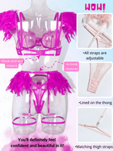 Load image into Gallery viewer, Kaei&amp;Shi Chain Feather Lingerie, Eyelash Floral Lace, Underwire, Thong, 4 Pieces
