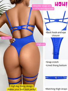 Kaei&Shi Underwire Sexy Top, Snap Crotch, Leg Straps, Backless Thong Bodysuit