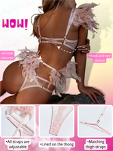 Load image into Gallery viewer, Kaei&amp;Shi Chain Feather Lingerie, Eyelash Floral Lace, Underwire, Thong, 4 Pieces
