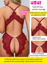 Load image into Gallery viewer, Kaei&amp;Shi Plunge Halter, Racerback Design, Glossy Lace, Rhinestone Bodysuit
