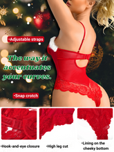 Load image into Gallery viewer, Kaei&amp;Shi Sexy Xmas Costume, White Fuzzy Trim, Criss Cross, Snap Crotch Bodysuit
