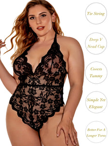 Kaei&Shi Plus Size Lingerie for Women,Sheer Lace Sexy High Cut Bodysuit,One Piece V Neck Halter Backless Teddy