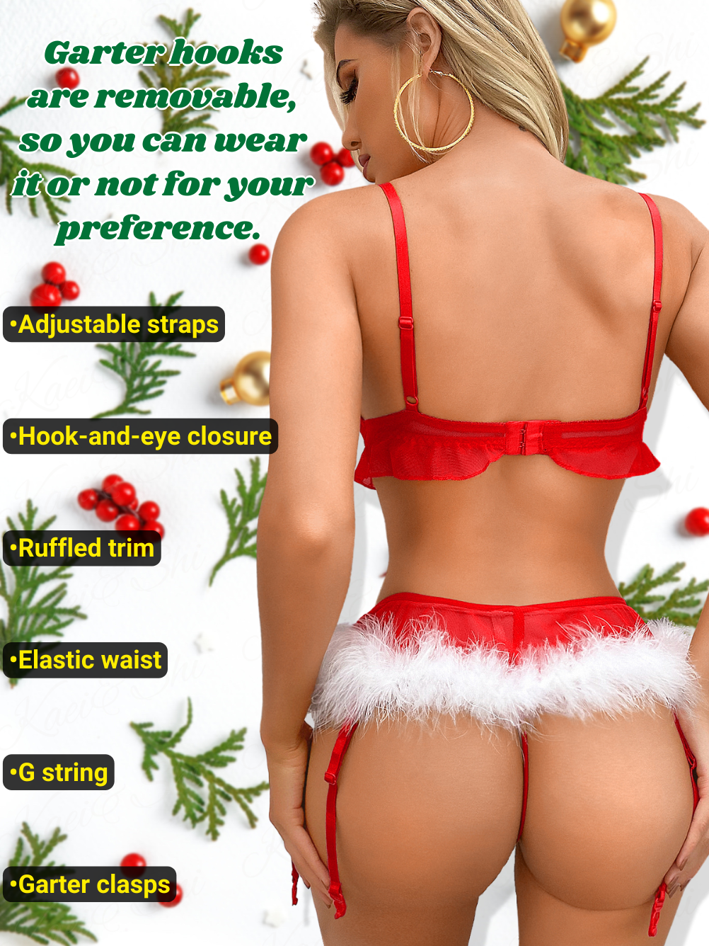 Kaei&Shi 3Pc Sexy Christmas Lingerie, White Fuzz&Ruffle Trim, Mini Ski