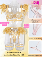 Load image into Gallery viewer, Kaei&amp;Shi Chain Feather Lingerie, Eyelash Floral Lace, Underwire, Thong, 4 Pieces
