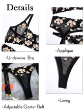 Load image into Gallery viewer, Kaei&amp;Shi Embroidered Applique Lace Lingerie,Underwire Mesh Sheer Honeymoon Matching 3 Piece Lingerie Set
