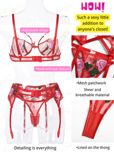 Kaei&Shi Embroidered Lingerie for Women,3 Piece Sexy Lingerie Garter Set