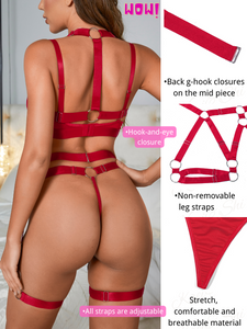 Kaei&Shi Strappy Lingerie, Elastic, All Adjustable, Underwire, G-String, 4 Piece