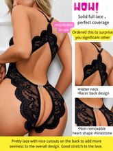 Load image into Gallery viewer, Kaei&amp;Shi Plunge Halter, Racerback Design, Glossy Lace, Rhinestone Bodysuit
