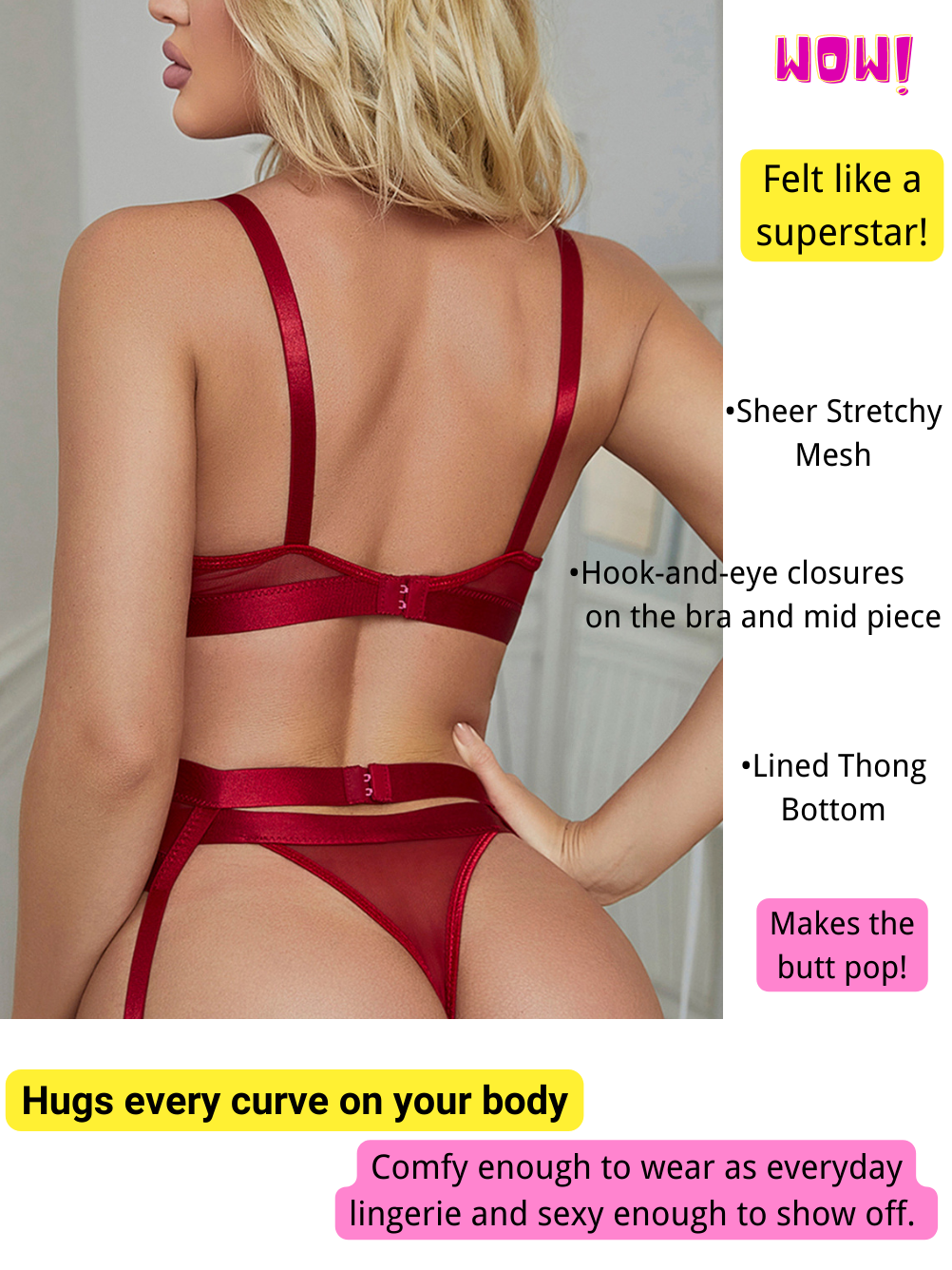 203-Red Lingerie Women Bra And Panty Garters 3Pcs See Through