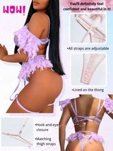 Load image into Gallery viewer, Kaei&amp;Shi Chain Feather Lingerie, Eyelash Floral Lace, Underwire, Thong, 4 Pieces
