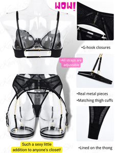 Kaei&Shi Goth Sheer Mesh, Strappy Chains, Thigh Straps, 4 Piece Garter Lingerie