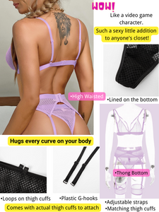 Kaei&Shi 4 Piece,Strappy Triangle Bralette,Thong,Thigh Bands,Garter Lingerie Set