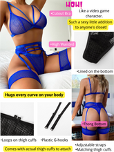 Load image into Gallery viewer, Kaei&amp;Shi 4 Piece,Strappy Triangle Bralette,Thong,Thigh Bands,Garter Lingerie Set
