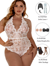 Load image into Gallery viewer, Kaei&amp;Shi Plus Size Lingerie for Women,Sheer Lace Sexy High Cut Bodysuit,One Piece V Neck Halter Backless Teddy
