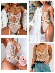 Kaei&Shi Embroidered Lingerie for Women,Thong Bodysuit,Underwire Teddy with Garter Straps