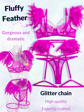 Load image into Gallery viewer, Kaei&amp;Shi Chain Feather Lingerie, Eyelash Floral Lace, Underwire, Thong, 4 Pieces
