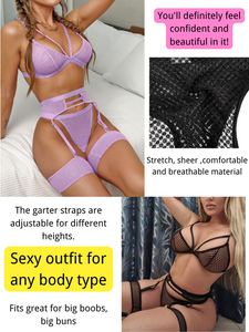 Kaei&Shi 4 Piece,Strappy Triangle Bralette,Thong,Thigh Bands,Garter Lingerie Set