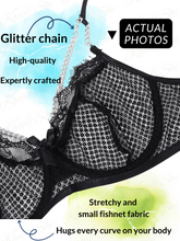 Load image into Gallery viewer, Kaei&amp;Shi Fishnet Chain Lingerie, Strappy, Underwire, Thong, Thigh Cuff, 4 Pieces
