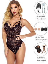 Load image into Gallery viewer, Kaei&amp;Shi Sexy Lingerie for Women,Sheer Lace One Piece High Cut Bodysuit
