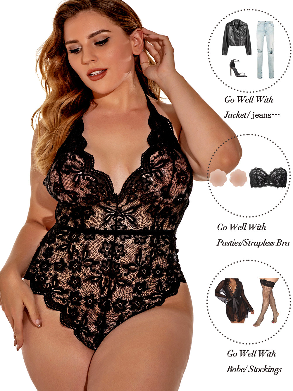 Kaei&Shi Plus Size Lingerie for Women,Sheer Lace Sexy High Cut Bodysui Kaei&Shi Plus Size Lingerie for Women,Sheer Lace Sexy High Cut Bodysui