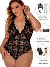 Load image into Gallery viewer, Kaei&amp;Shi Plus Size Lingerie for Women,Sheer Lace Sexy High Cut Bodysuit,One Piece V Neck Halter Backless Teddy
