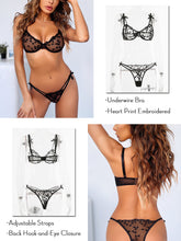 Load image into Gallery viewer, Kaei&amp;Shi Sexy Bra and Panty Sets,Heart Embroidered Mesh Lace Lingerie for Women,Underwire Sheer Lingerie Set Two Piece Boudoir
