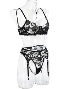 Kaei&Shi Garter Lingerie for Women,Embroidered Underwire Sexy Lingerie, High Waisted 3 Piece Lingerie Set