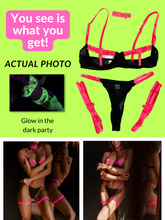 Load image into Gallery viewer, Kaei&amp;Shi Glow In The Dark, Black Light, Neon Leg Straps, 4PC Peekaboo Lingerie
