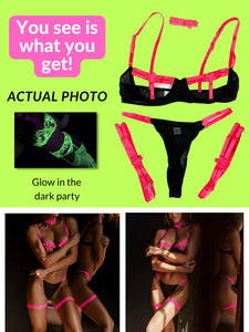 Kaei&Shi Glow In The Dark, Black Light, Neon Leg Straps, 4PC Peekaboo Lingerie