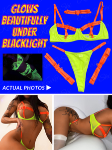 Kaei&Shi Glow In The Dark, Black Light, Neon Leg Straps, 4PC Peekaboo Lingerie